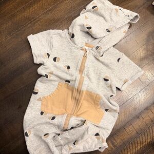 Petit Lem Baby Gray Hooded Romper with Tan/Black Accents